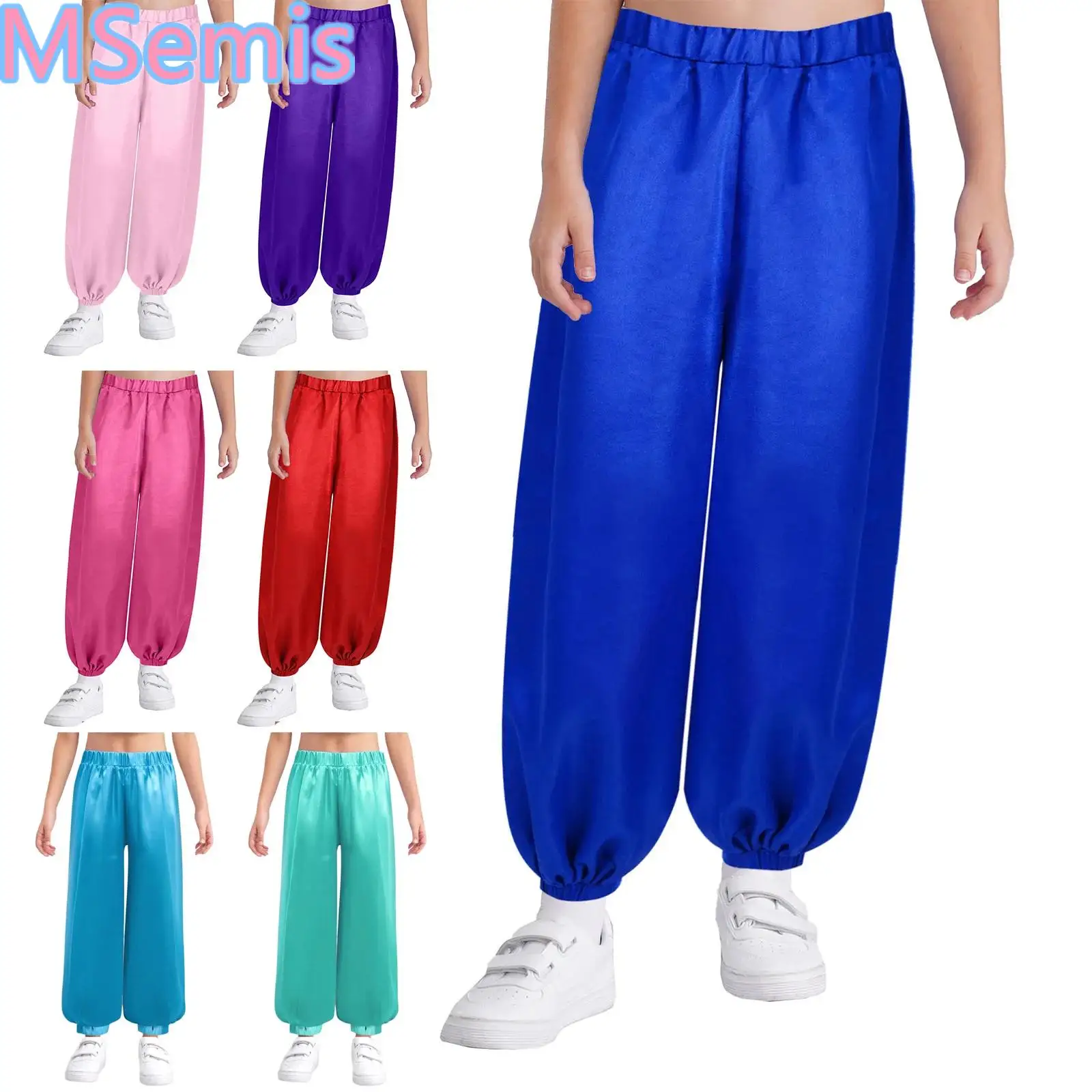 

Kids Girls Satin Belly Dance Pants Casual Loose Solid Color Elastic Waistband Bloomers for Stage Performance Theme Party