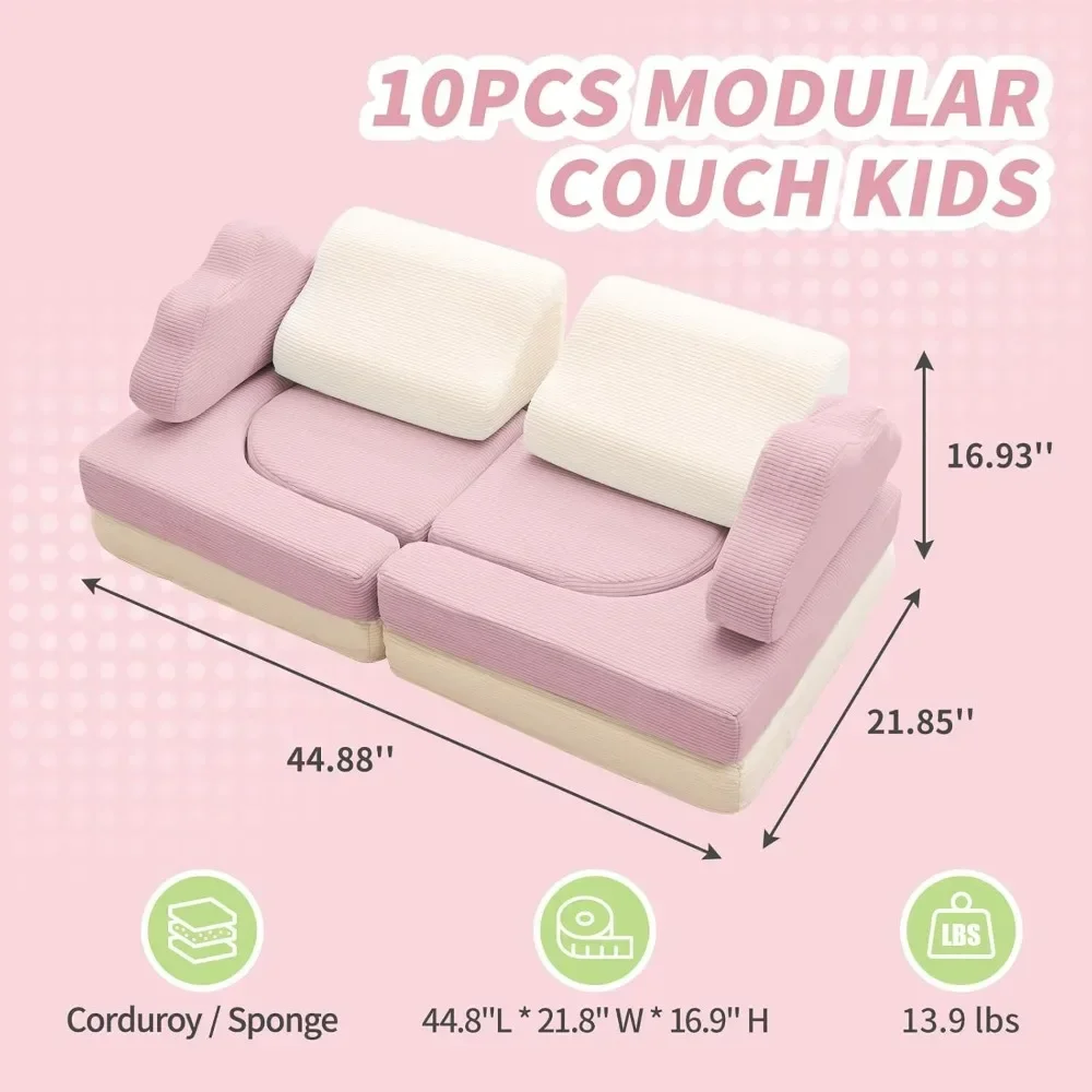 Kinderspielcouch, 10 Stück modulare Kindercouch aus farbblockiertem Cord, modulare Kindercouch für Jungen und Mädchen, Couch für Kinder