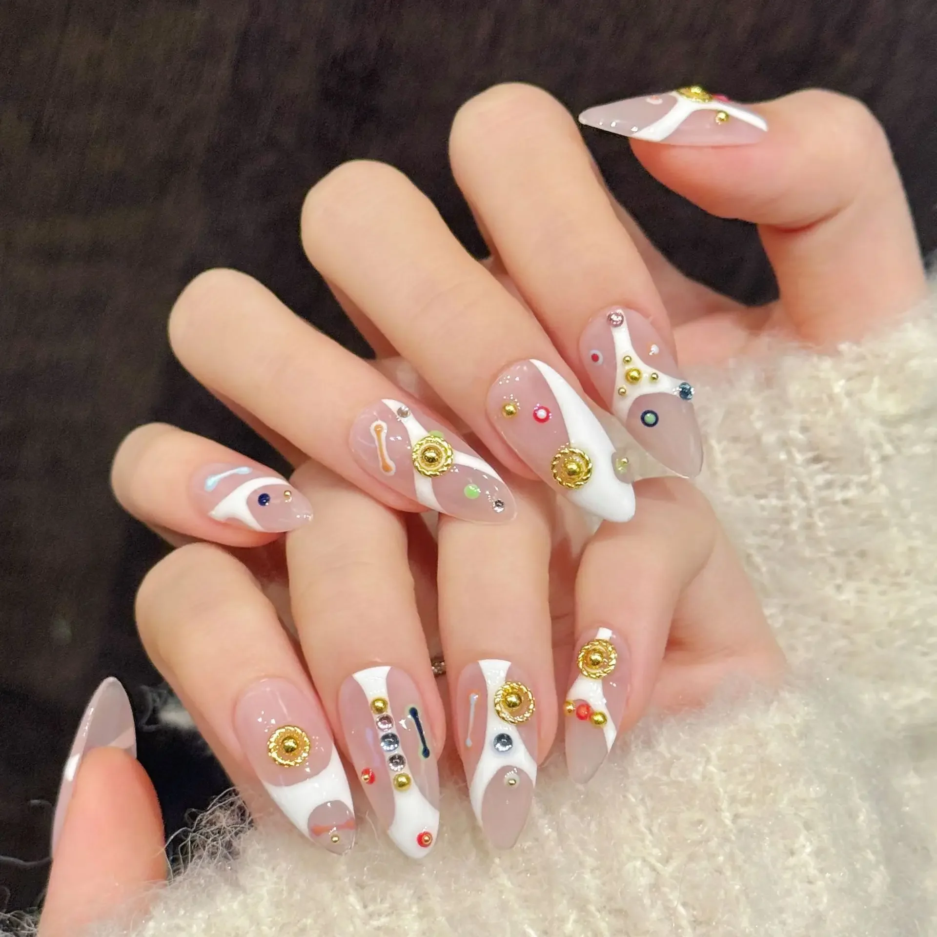 

10pcs Icy Pink Diamond-Encrusted Handmade Press on Nails Simple Lines False Nail for Women&Girl Removable Wearable Fake Nail