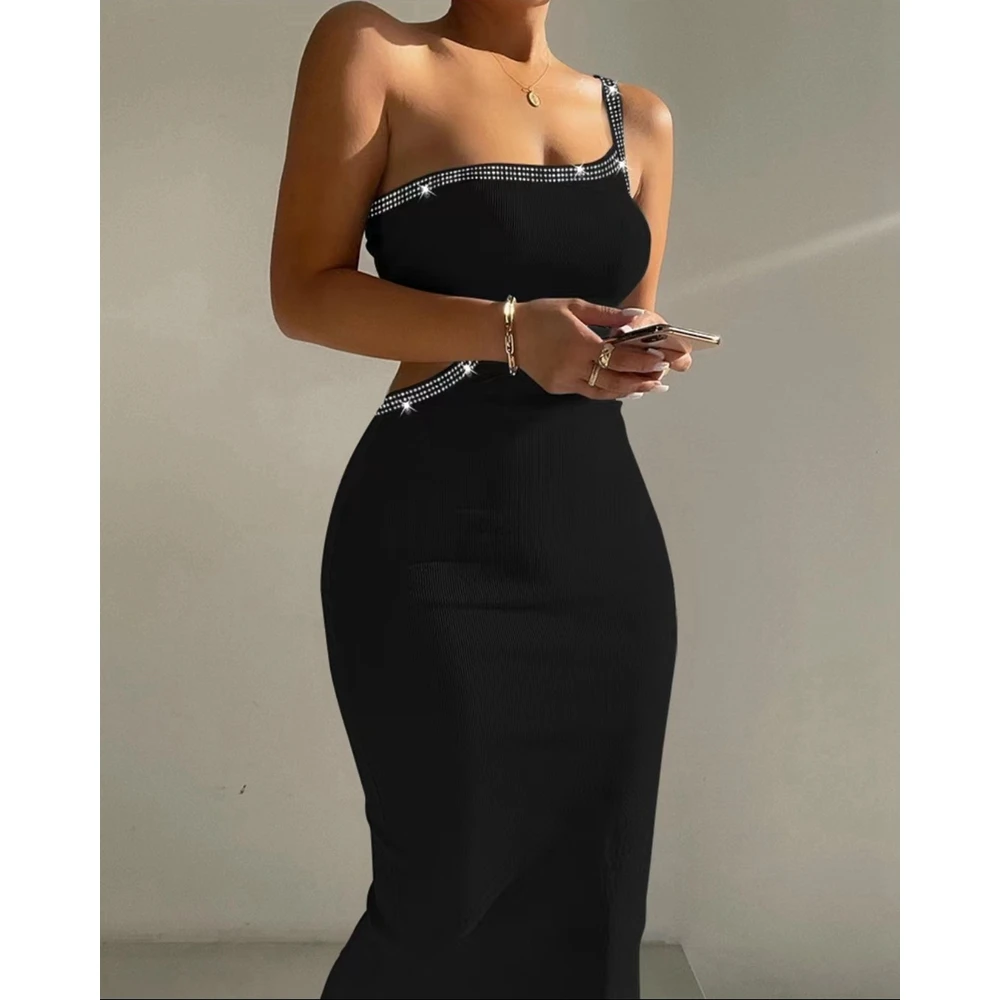 Vestido Midi negro informal sin mangas para mujer, vestido ceñido de un hombro con recorte de diamantes de imitación, ropa de calle 2024