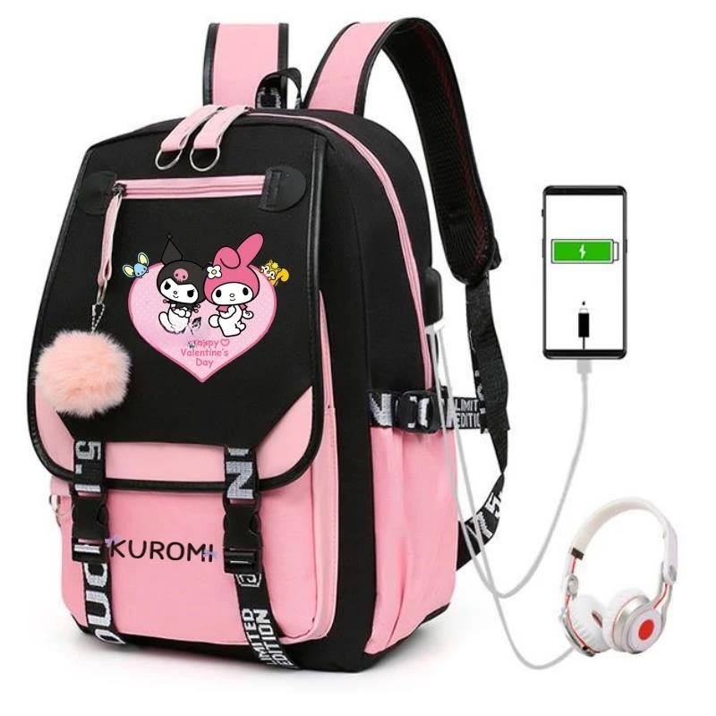 Cute Kuromi Women's Backpack High School Students School Bags Girl's USB Charging Large Capacity Daily Mochila infanti Best Gift