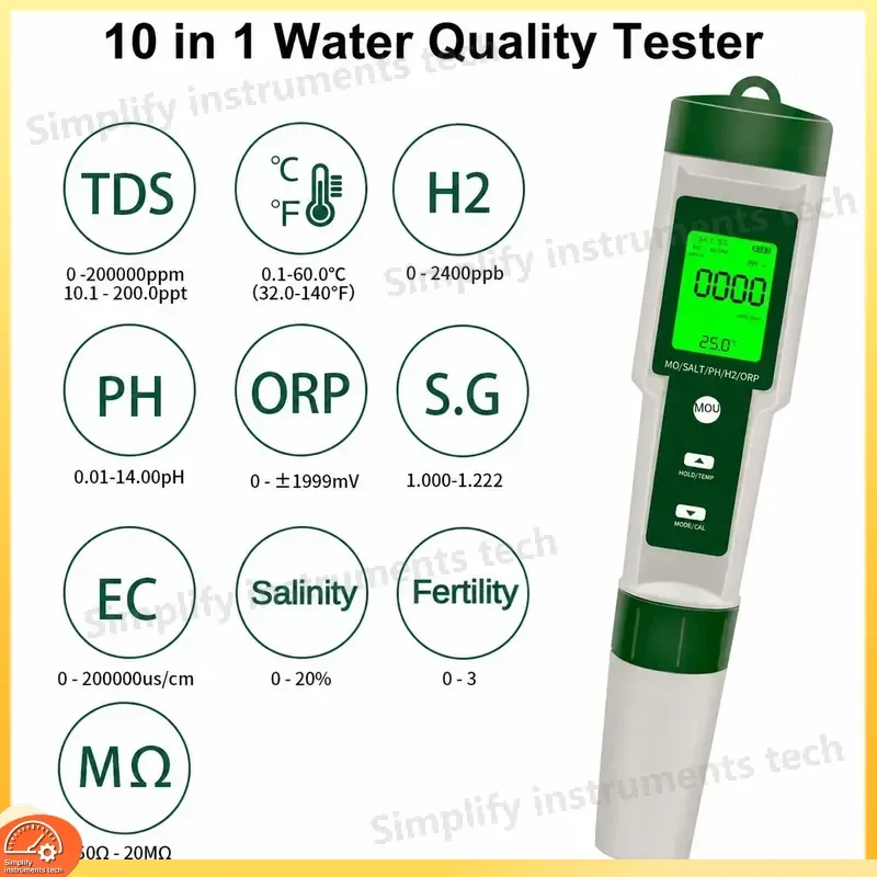 10 in 1 Water Quality Tester pH EC TDS ORP Hydrogen Fertility Salinity Specific Gravity Resistivity Temperature for Aquarium