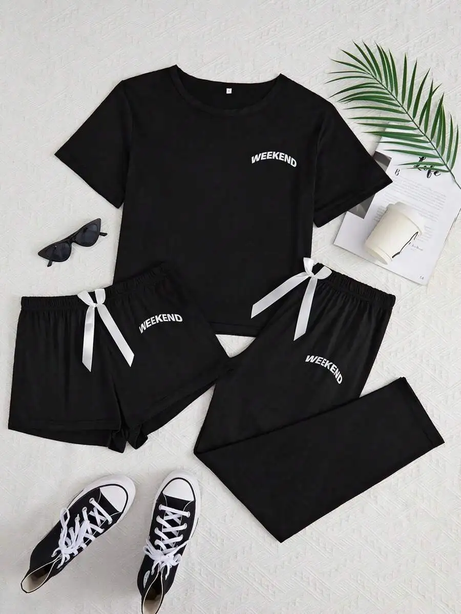 

Womens Weekend Letter Print 3 Piece Pajama Set With Shorts And Pants