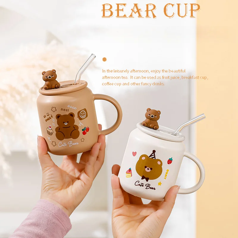 Cute Ceramic Little Cute Bear Straw Mug Creative Home Office Student Girl Heart Water Coffee Cup Couple Mug Drink Gifts