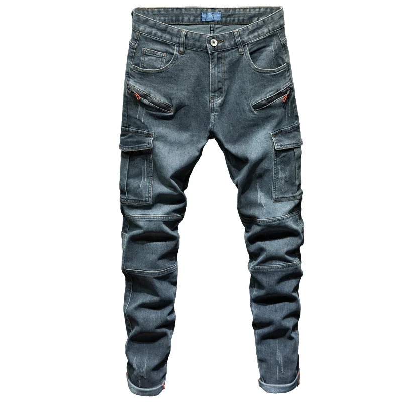 Multi Pocket Cargo Jeans for Men Straight Loose Jogger Denim Pants Plus Size 42 44 Stretch Slim Fitting Trousers