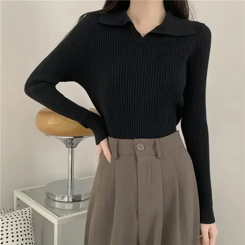 Elegant Vintage Knit Sweater Women\'s Long Sleeve Top Lapel Collar Stylish Polo Collar Base Layer Top For Spring Autumn