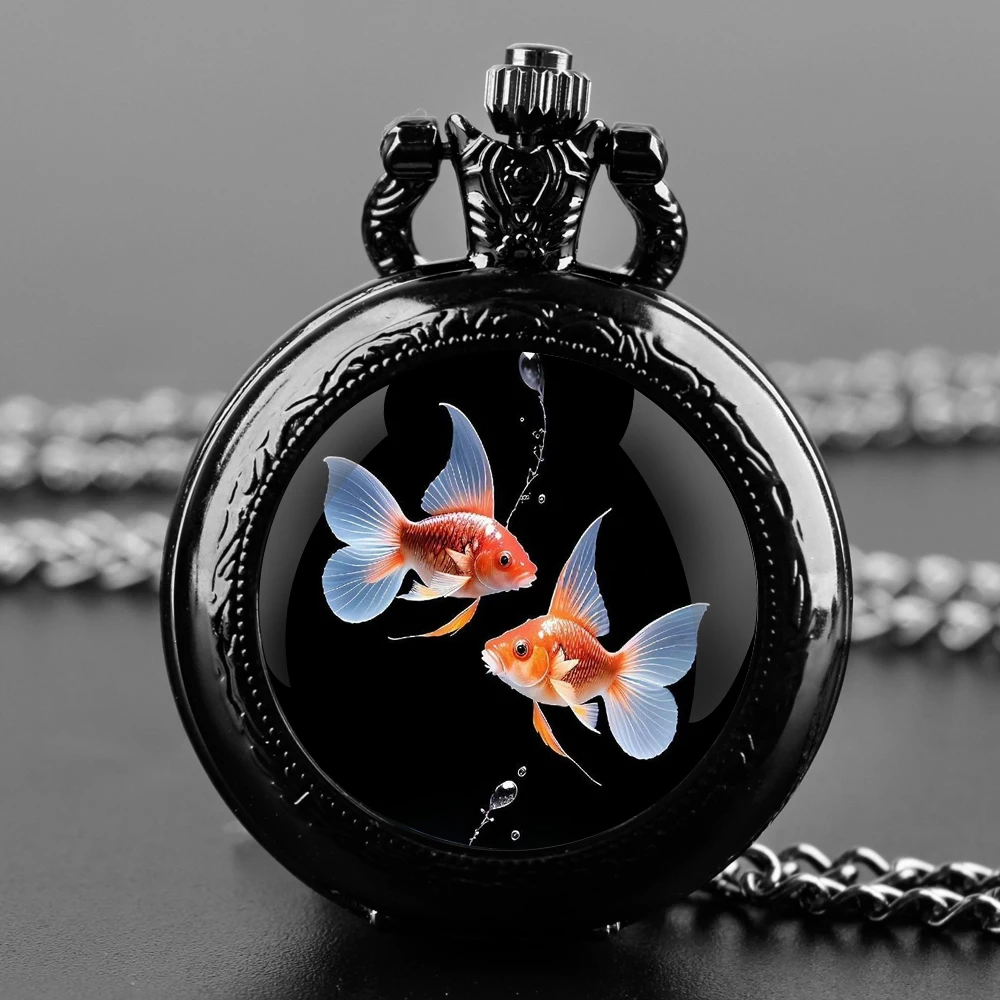 

Exquisite Gifts Goldfish Glass Dome Design Arabic Numerals Quartz Pocket Watch Necklace Pendant Clock Chain Men Women Gifts