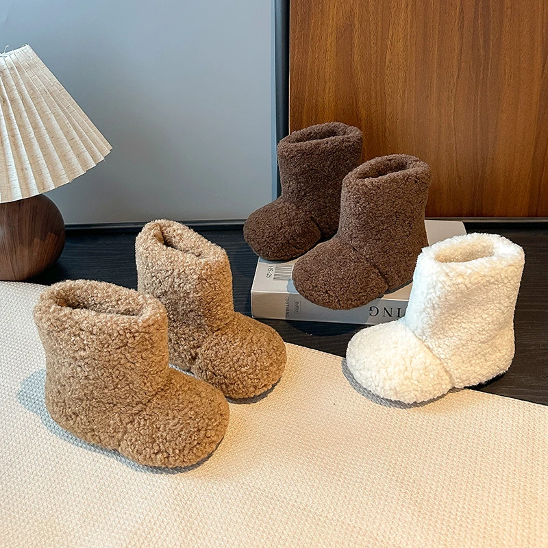 

Girls Fluffy Plush Ankle Boots 2025 New Winter Kids Ankle Snow Boots Soft Sole Non-slip Simple Kids Outdoor Play Boots Age3-8