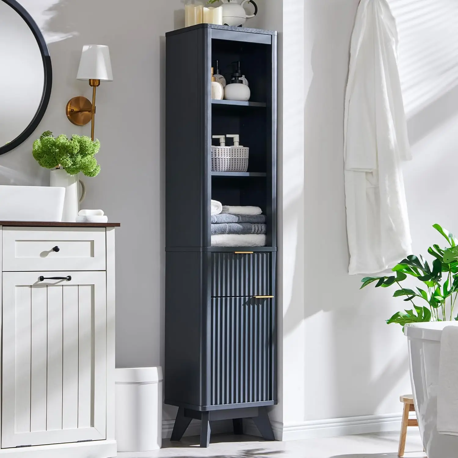

68"" Tall Bathroom Narrow Storage Cabinet With Adjustable Shelf, Drawer & Faux Marble Top, Curved Profile Linen Tower For