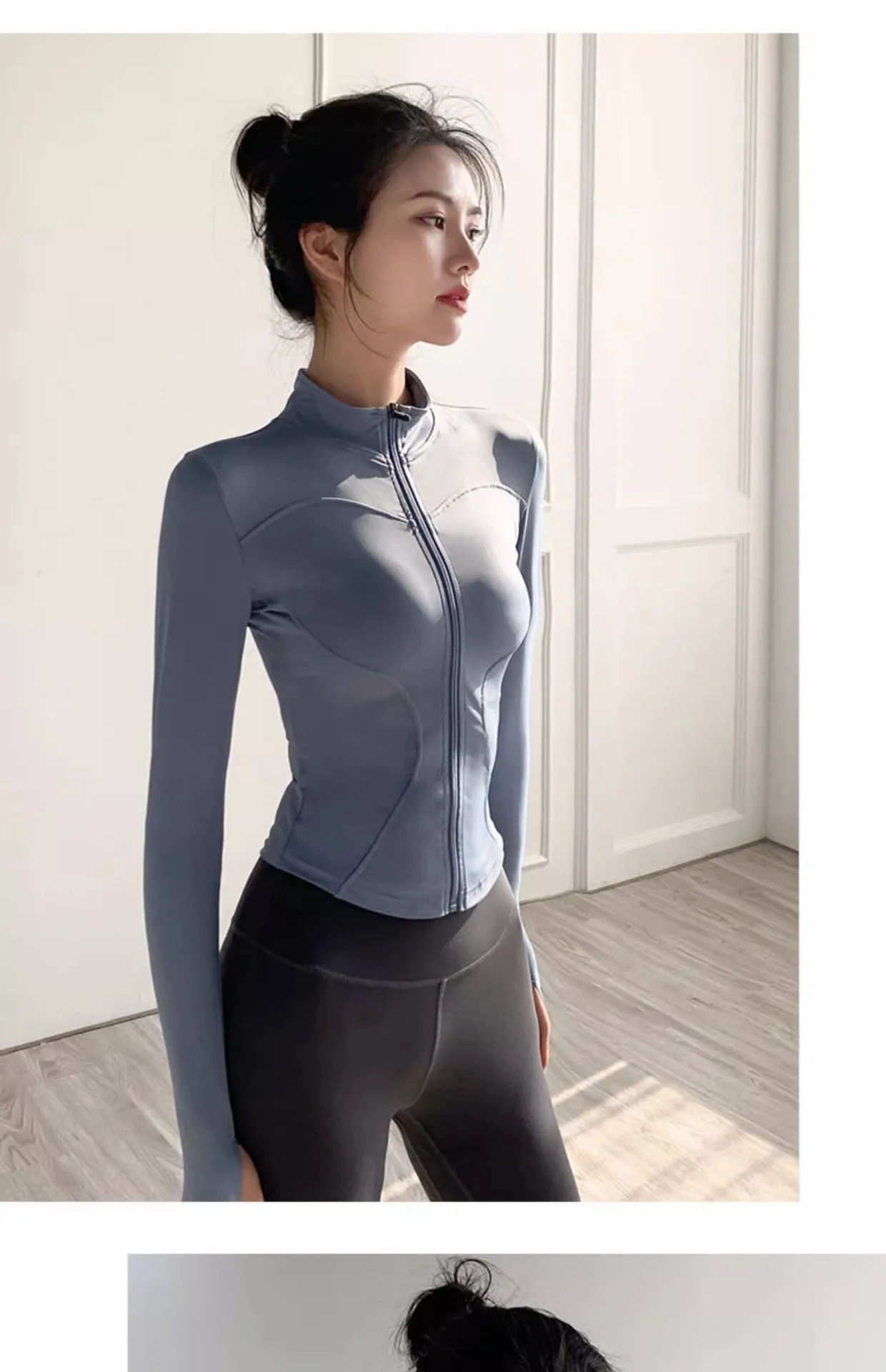 Damenjacke, schnell trocknend, Sonnenschutz, Sportmantel, eng anliegend, Yoga-Kleidung, langärmelig, Strickjacke, Laufen, Fitnessjacke, Reißverschluss – Detail 8