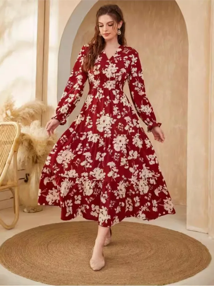 Autumn Women's New Sexy V-neck Fashionable Printed Cake Long Sleeves Medium To Long Length Casual Comfortable Dress