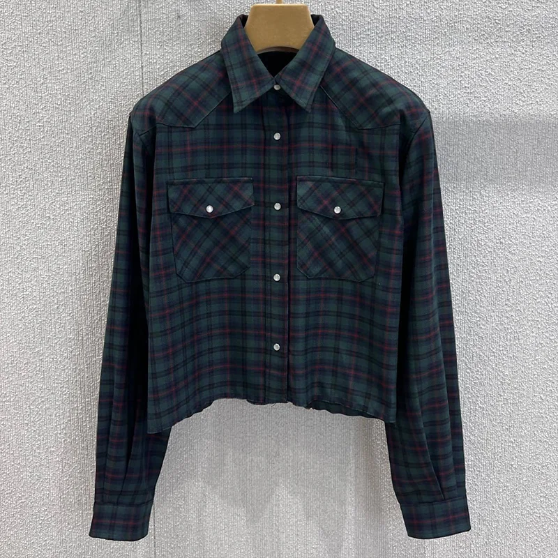 

High-quality women's checkered print pattern long sleeved shirt with buttons Classic College-style lady's top 25100350