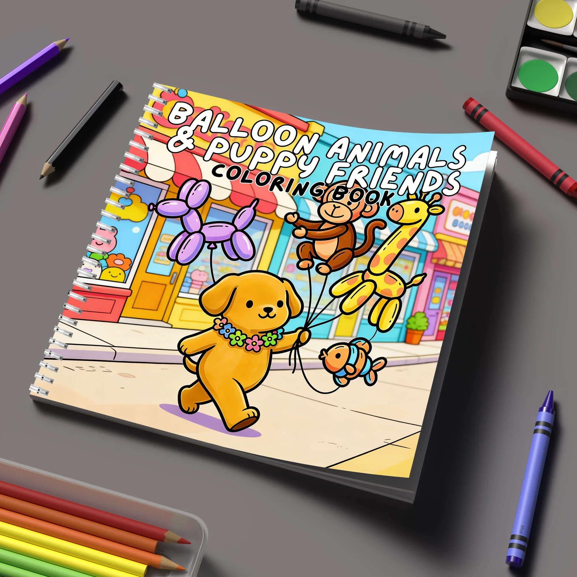 Coloring Book Animals and Balloon, Relaxing Colouring Book, Stress Relief, Birthday Gift & Back to School Art Supplies