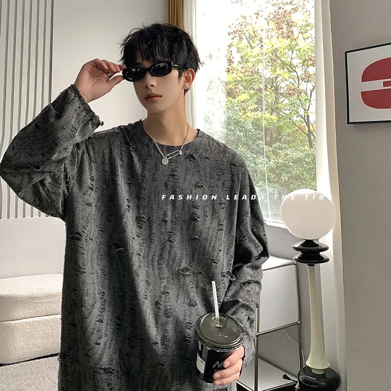 Korean Fashion 2025 High Street Ripped Holes Long Sleeves T-shirt Solid Color Streetwear Oversized Casual Top Tees Harakuju Tees