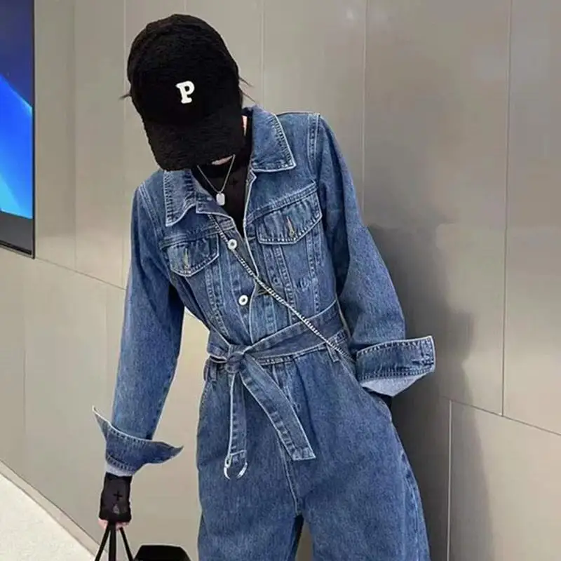 

Спецодежда в стиле ретро, джинсовые комбинезоны, женские широкие брюки с высокой талией, прямой крой, элегантные, эксклюзивные в Интернете