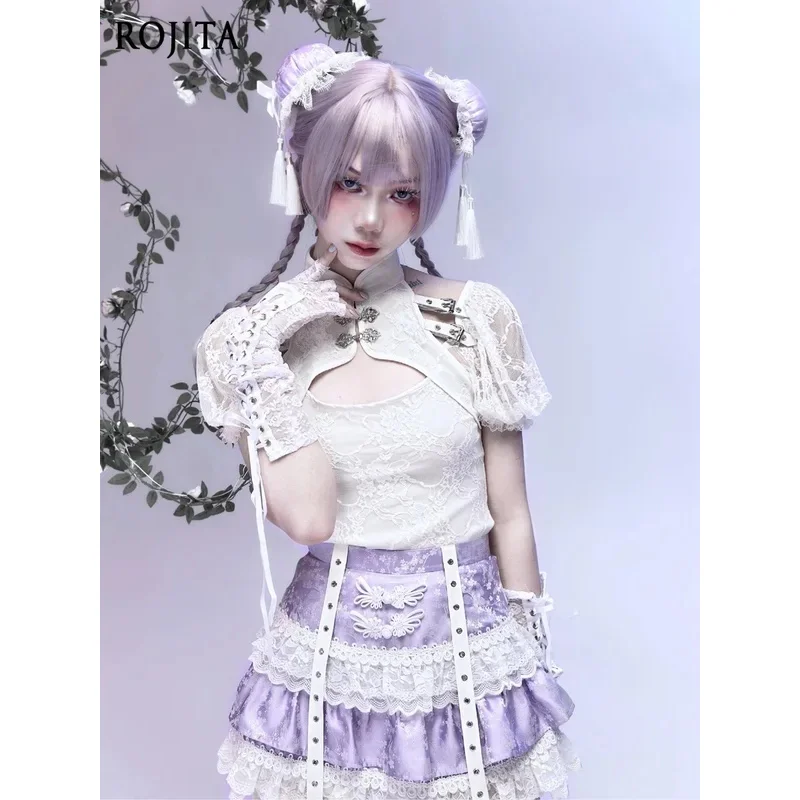 

2025 Japanese Lolita White Lace Bubble Sleeve Stand-up Collar Short-sleeved Retro Slim-fitting Off-the-shoulder Hollow Top t