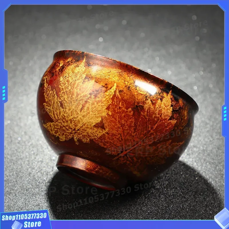 Handmade Lacquer Gilt Ceramic Teacup Gold Leaf Wood Pattern Master Cup Personal Single Tea Cup for Kung Fu Tea Ceremony