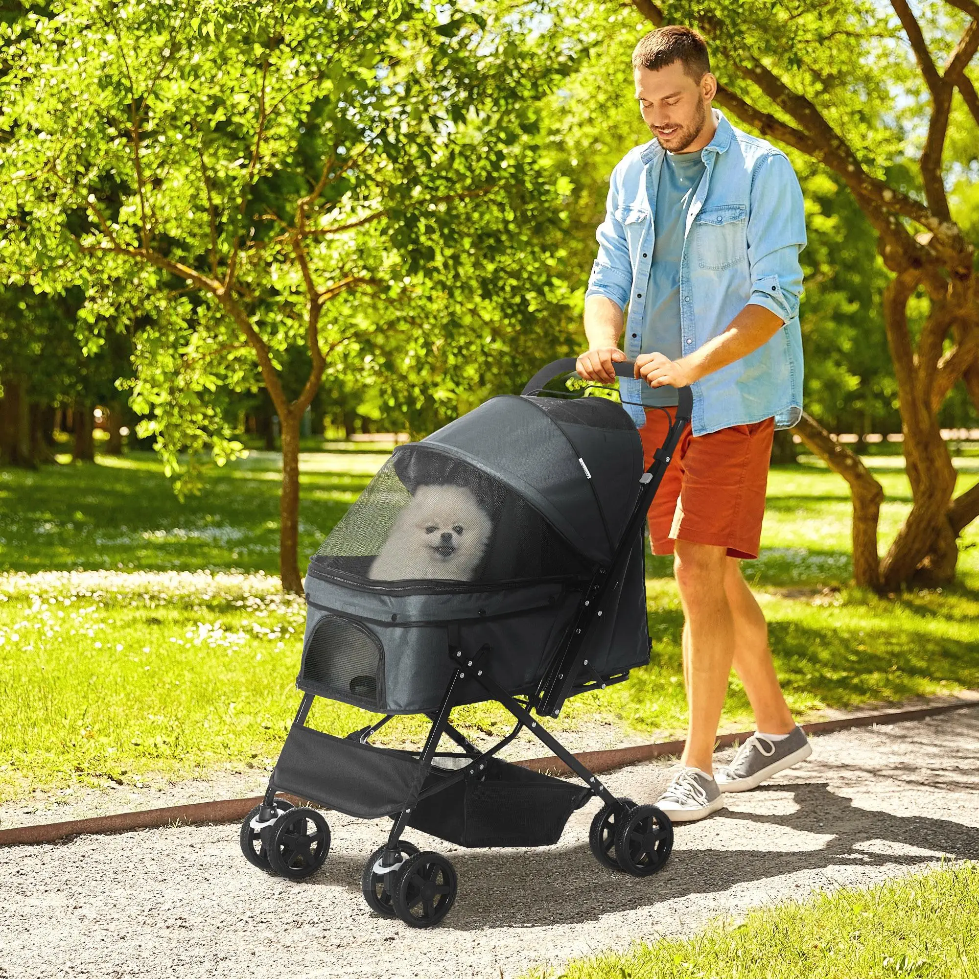 Chariot poussoir pour animaux de compagnie XS gris pliable pour petits chiens et chats, robuste avec amortisseurs et toit souple, livré depuis l'Espagne