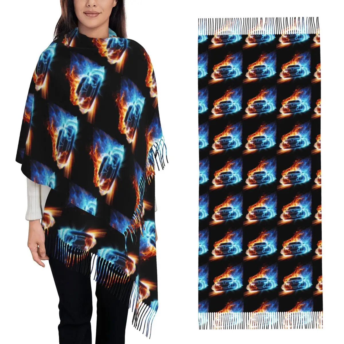 Cool Sports Car With Fire Pattern Scarf Tassel Scarves Women Soft Warm Shawls and Wraps Large Fall Winter Shawl Wrap
