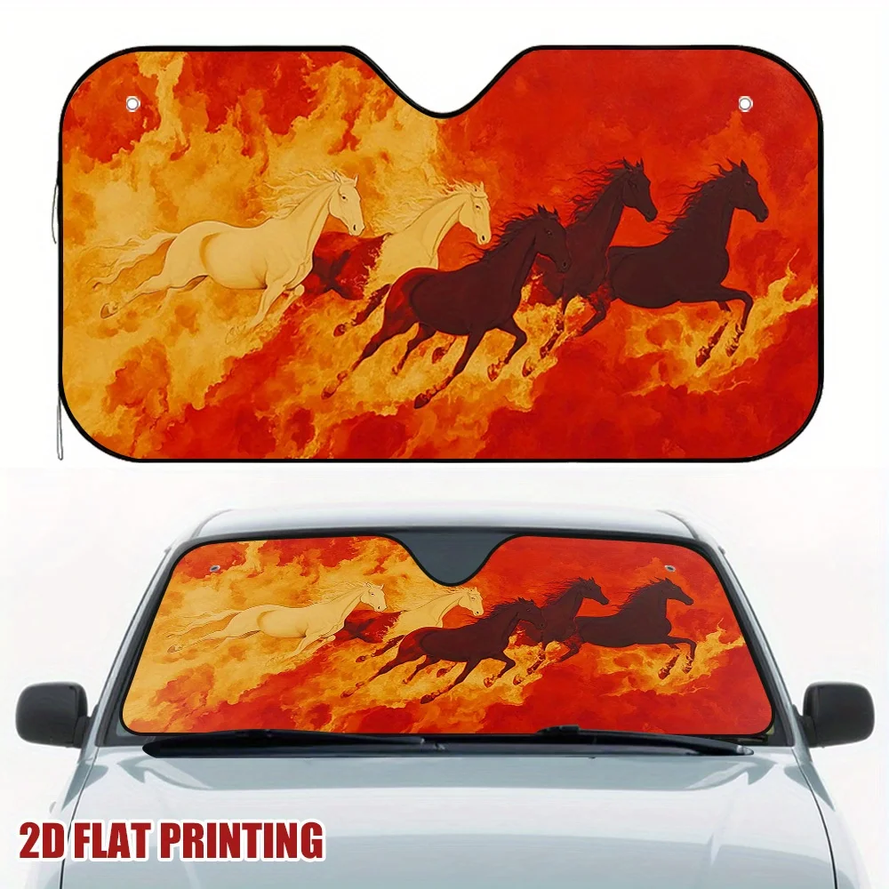 1pc Wild Horses On Fire Car Sun Visor - 2D Flat Printing, Vibrant Red & Orange Flame Design, Heat-Resistant & UV Protection, Fit
