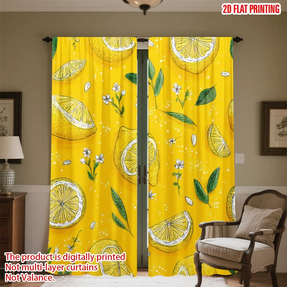 

2D flat printing 2pcs Party Curtains Lemons and Green Leaves Digital Printed Polyester Drapes Birthday Party for Indoor