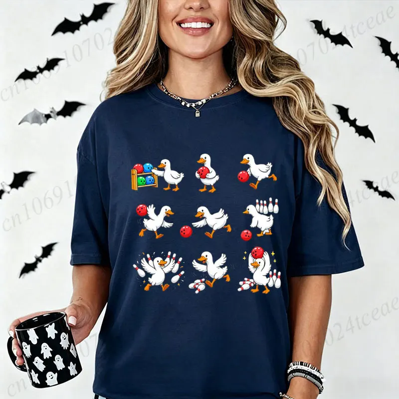 Funny Geese Playing Bowling Print Short Sleeve T Shirt Cute Cartoon Goose Women T-Shirt Fashion Clothing Female Top Tee Gifts