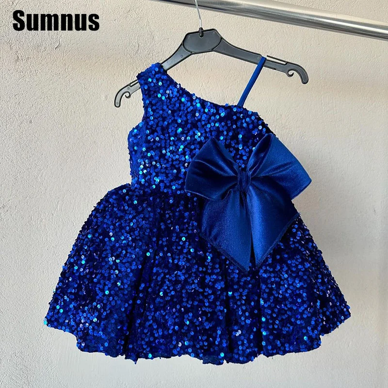 SUMNUS Blue Sequin A-Line Flower Girl Dresses Cute Bow Tiered O-Neck Knee-Length Sleeveless Wedding Occasion Gowns Customized