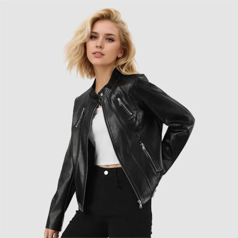 Fashionable stand up collar zipper long sleeved slim fit solid leather jacket for spring/autumn women's temperament elegant coat