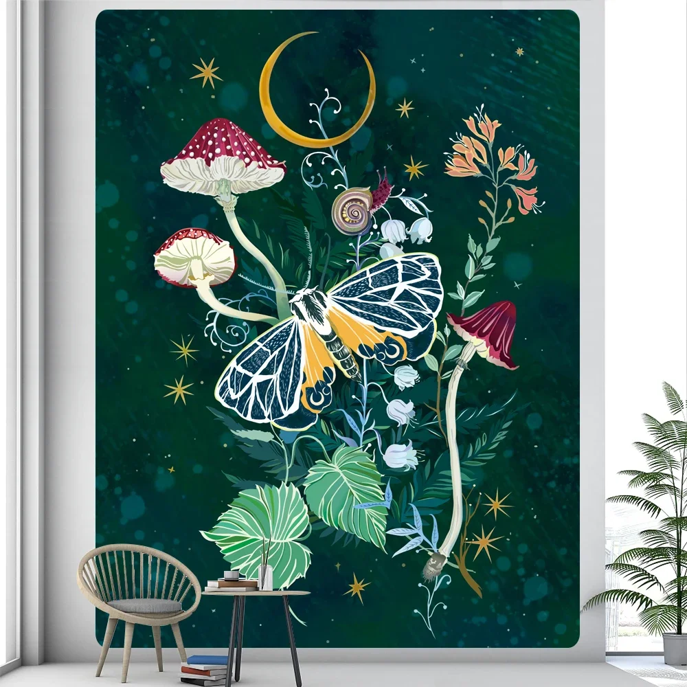 Forest Psychedelic Scene Moon Home Decoration Tapestry Mushroom Butterfly Elf Background Cloth Hippie Bohemian Wall Hanging