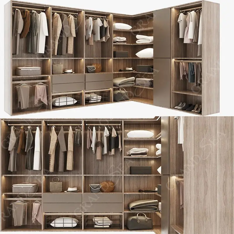 تصميم حديث على شكل حرف L لأثاث غرفة النوم وغرفة الملابس، خزانة ملابس خشبية مفتوحة، منظم ملابس