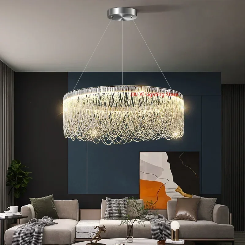 

Designer LED Chrome Tassel Chandeliers Lighting Home Living Dining Room Bedroom Decor Pendant Hanging Lamp Aluminum Chain Lustre