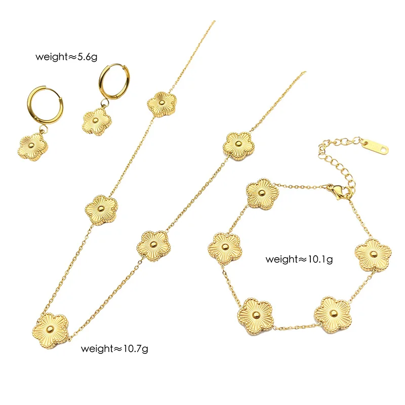 Luxury Stainless Steel Jewelry Gold Color Necklace Earrings Bracelet Set for Women Five Flower Clover Fashion Accessories 2023