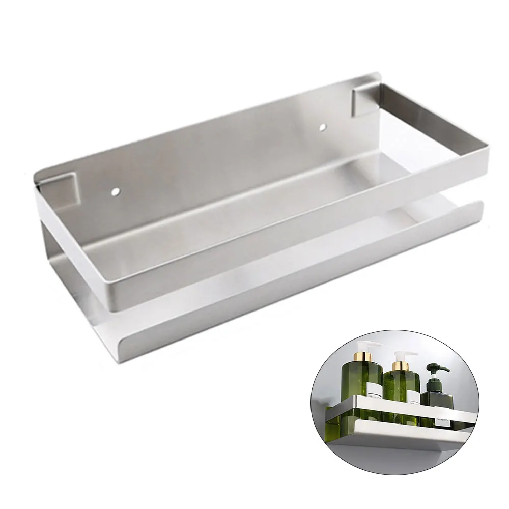 Bathroom Shelf Stainless Steel Square Self-Adhesive Organizer Wall Mount Shower Shampoo Holder Kitchen Condiment Storage Rack