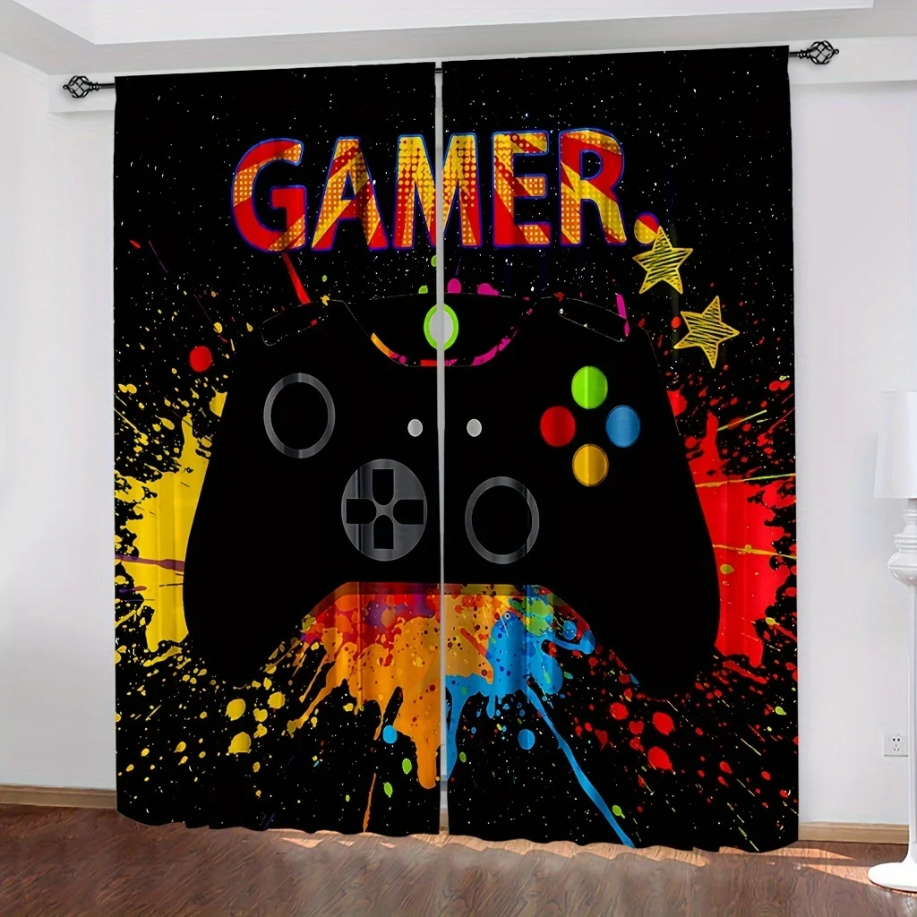 

2 Panels Gamer Curtains for Bedroom Rod Pocket Video Game Gaming Graffiti Gamepad Controller for Living Room Decor Window