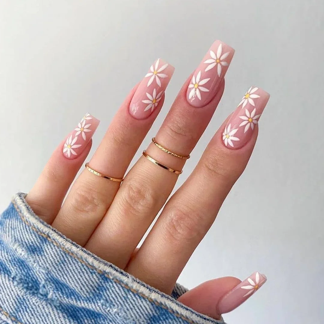 Faux ongles longs cercueil ballerine française rose, couverture complète, design petite fleur, presse sur les pointes des ongles, poignées amovibles, N64