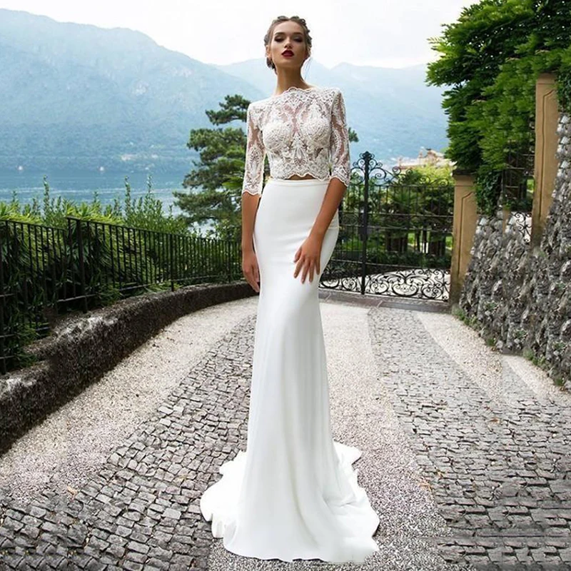 Elegant Two Pieces Mermaid Wedding Dress 2023 Lace Appliques Bow Sashes Bridal Gowns Illusion Tulle Court Train Elegant  Women