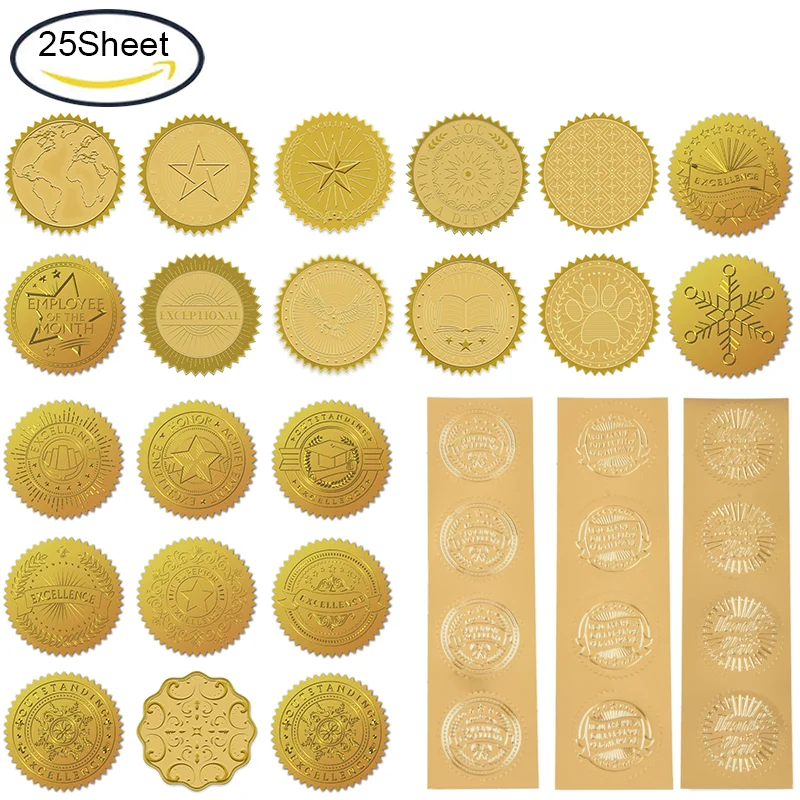 25 Sheets 100pcs Self Adhesive Embossed Seals Gold Stickers Medal Decoration Labels for Envelopes Diplomas Certificates Awards