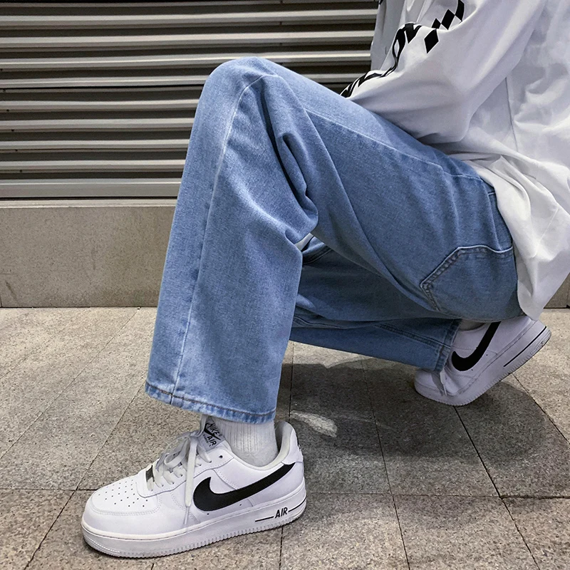 

2022 Spring New Men's Light Blue Wide Leg Jeans Korean Style Streetwear Baggy Denim Pants Loose Straight-leg Trousers Male