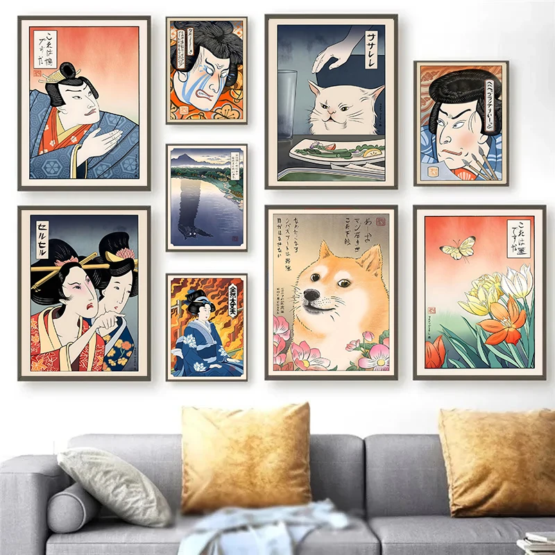 Funny Japanese Woman Yelling At Cat Doge Meme Black White Longcat Posters and Prints Wall Art Canvas Painting Home Room Decor