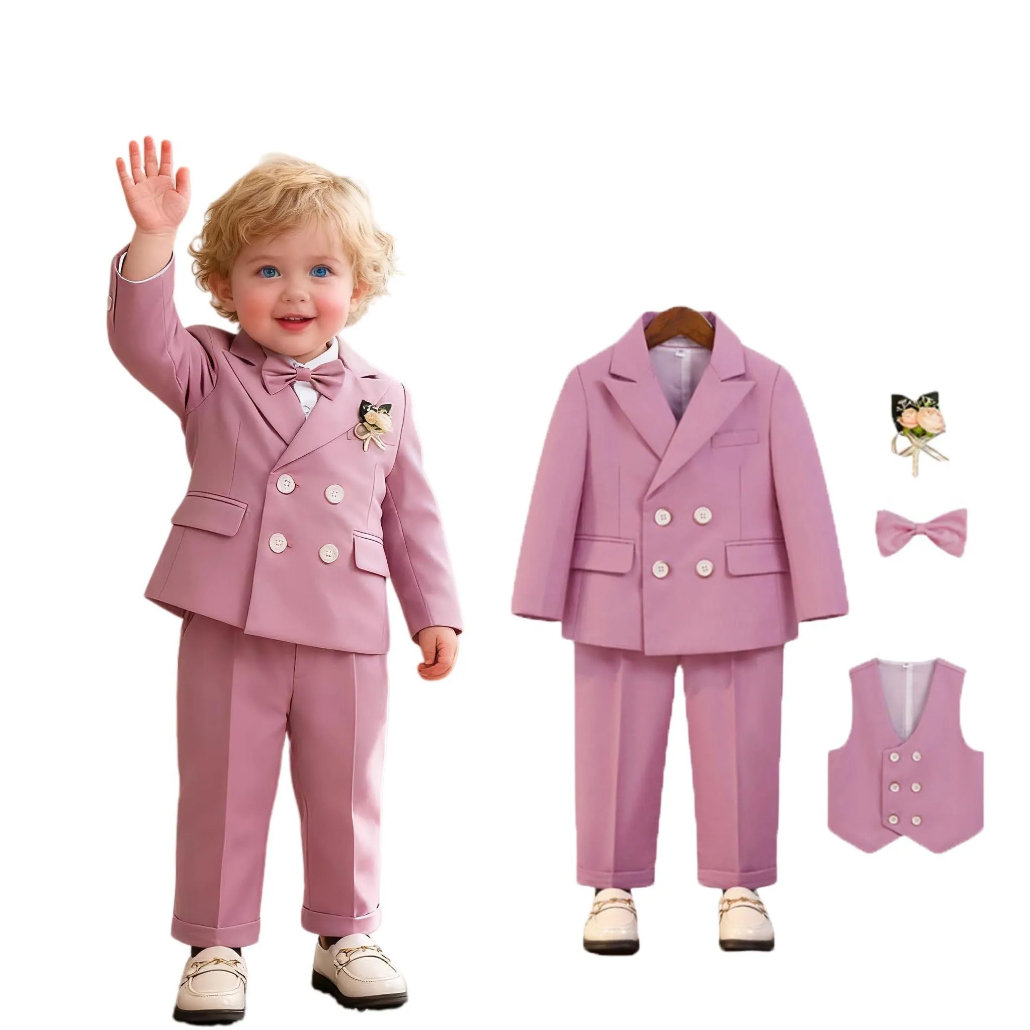 

Russia Kids Spring 5Pieces/Set Jacket Vest Pants Bowtie Flower Wedding Dress Boys Birthday Gift Suit Children Ceremony Costume