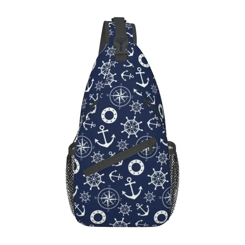 Navy Blue Nautical Wheel Anchor Sling Chest Bag Custom Crossbody Shoulder Backpack for Men Travel Hiking Daypack