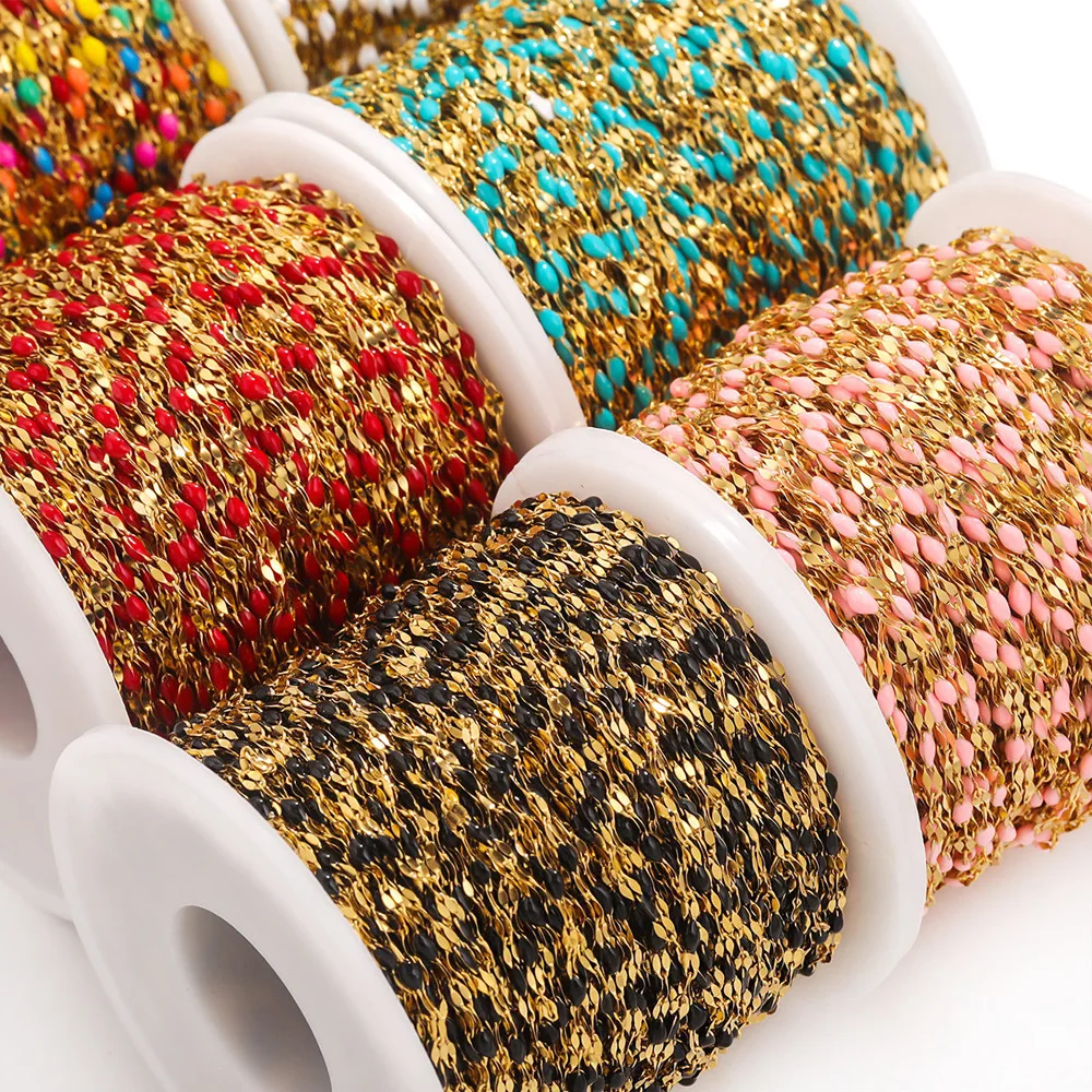 

Stainless Steel 2MM Lip Chain With Tiny Colored Enamel Beads Drip Oil Chains for DIY Necklace Bracelet Jewelry Making Supplies
