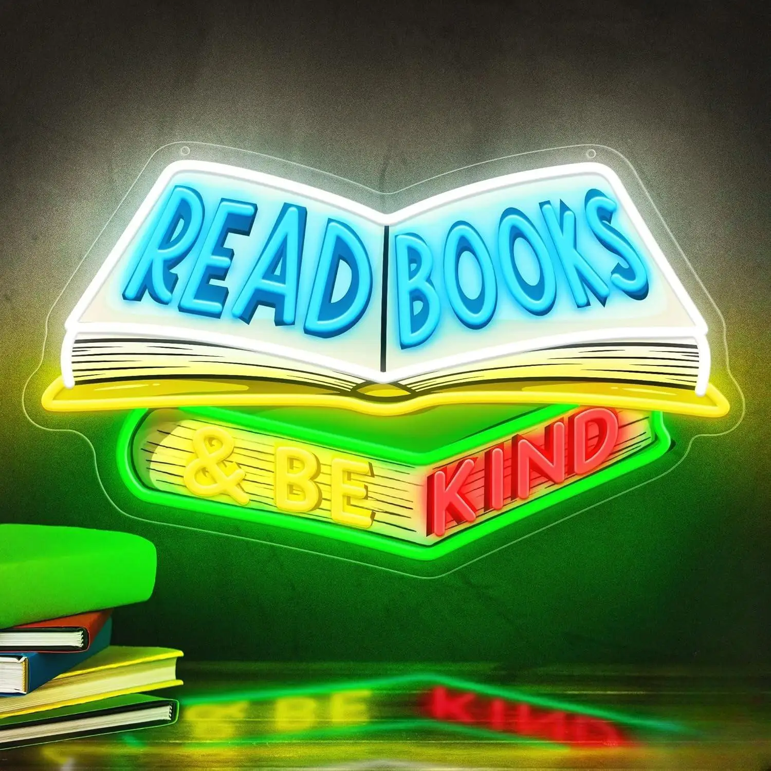 Letrero Luminoso LED con la Frase 'Read Books and Be Kind' para Decoración de Pared, Ajustable para Sala de Lectura, Estudio, Aula, Biblioteca, Cafetería, Regalos