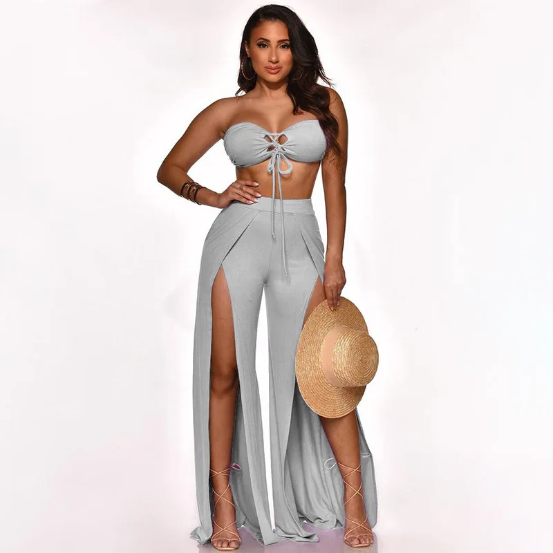 Sexy Women Two Pieces Set Lace Up Sleeveless Crop Top and High Waist Side Slit Wide-Leg Pants Summer Lady Streetwear