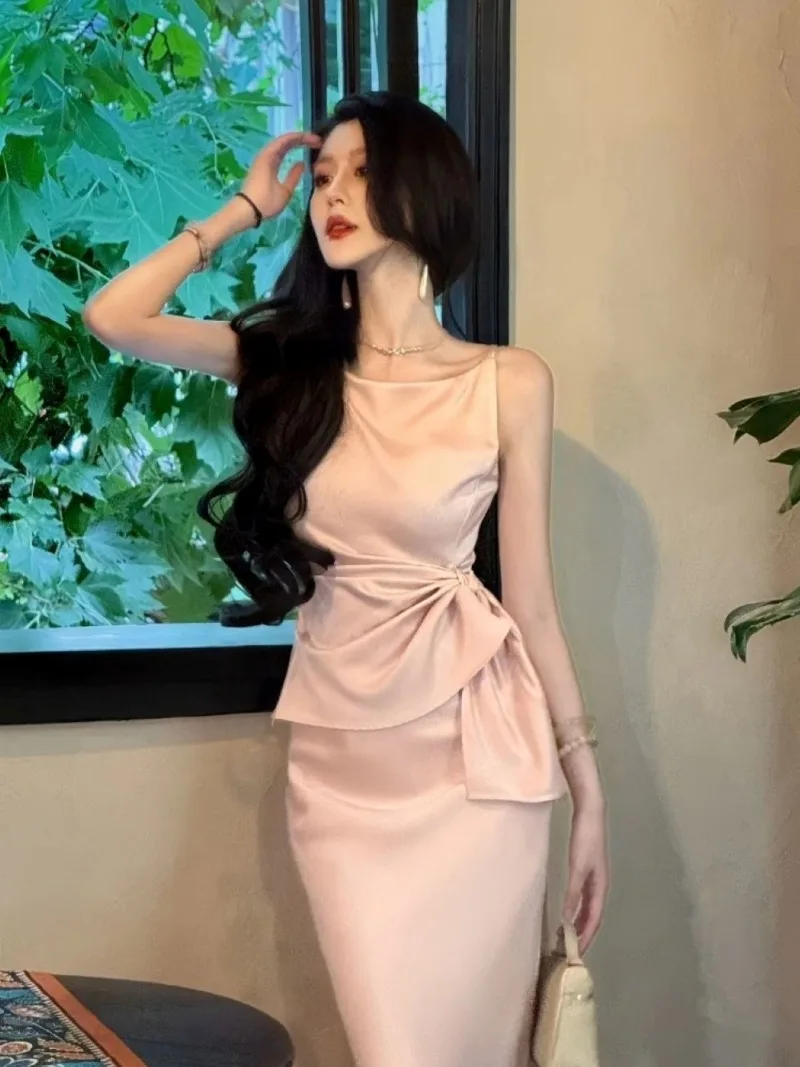 

New French Satin Party Women's Suit High End Fashion Elegant Waist Slim Sleeveless Top + Wrapped Hip Skirt Two Piece Set