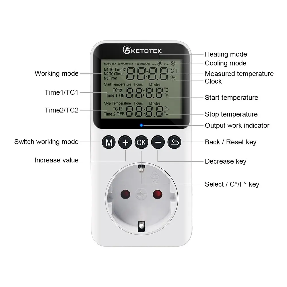 KT3200 Temperature Controller Digital Plug-in Thermostat Timer Switch Socket Heating Cooling Day/Night Control