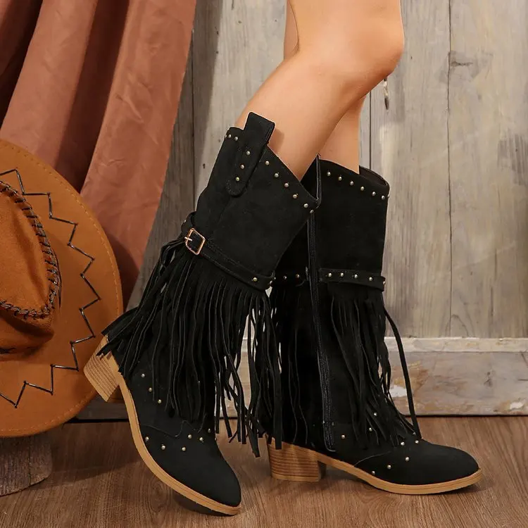 Autumn and Winter Women Pointed Toe Fringes Thick Heel High Boots Plus Size Fashion Retro Rivet Belt Buckle Zipper Mid-Calf Boot
