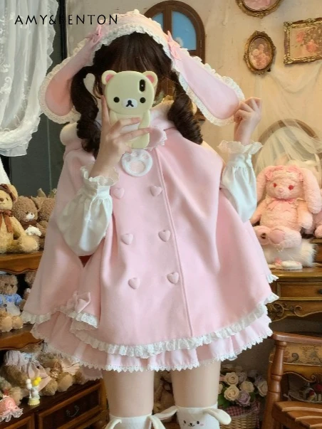 

Cute Bunny Ear Hooded Woolen Shawl Cape Coats for Women Winter New Japanese Style Kawaii Bowknot Plush Thickened Sweet Wool Coat