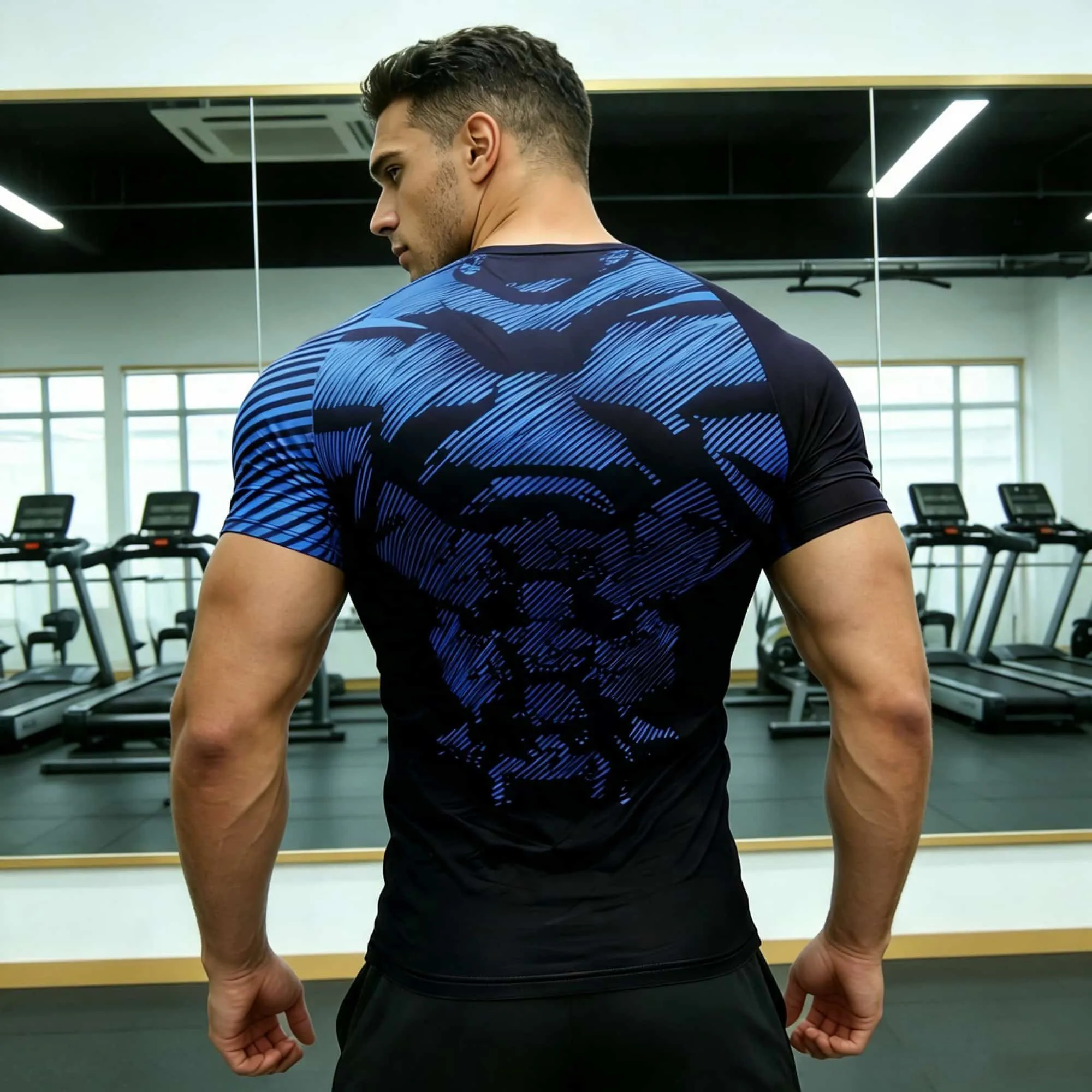 Summer Men Stretch Compression Sports T-shirt Black Blue Abstract Striped Print Quick Dry Athletic Gym Bodybuilding Short Sleeve