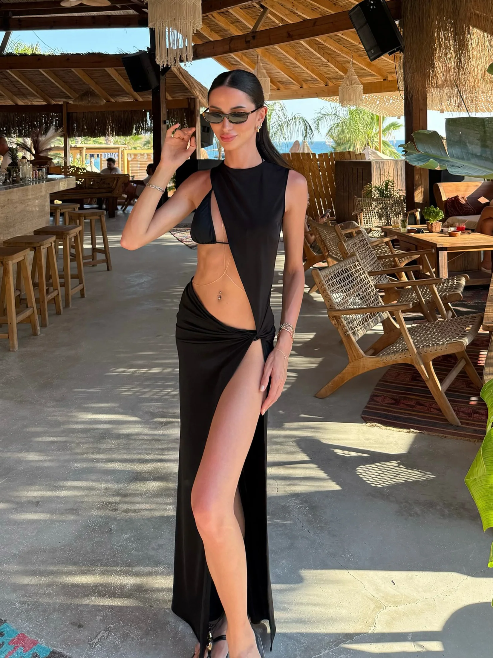 

Black 3 Piece Triangle Bikini Sets 2025 Sexy Hollow Out Coverup Dress Swimsuit Women Bikini Set Beachwear Bathing Suit C92